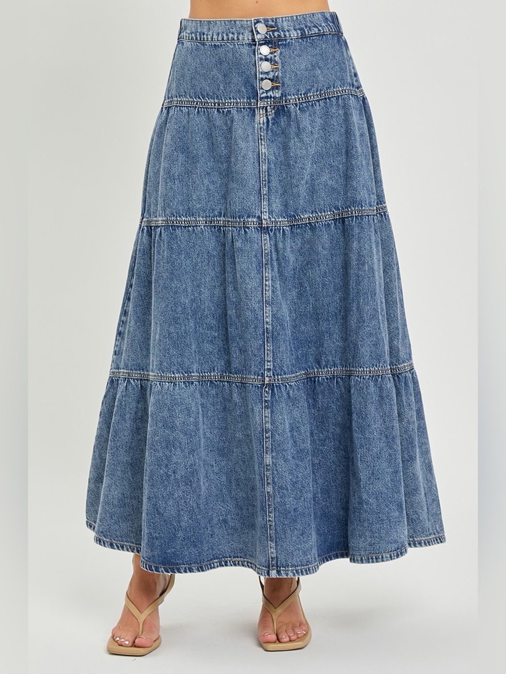 🩵Hello Gorgeous! RISEN High Rise Ruffle Denim Maxi Skirt- Dark Wash